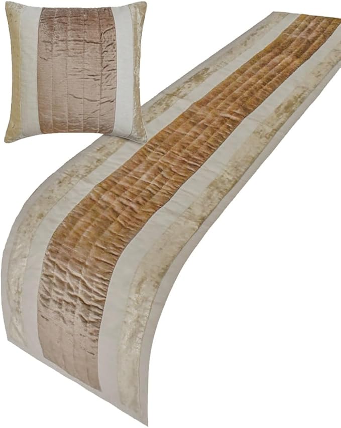 The HomeCentric King/Queen/Twin Beige Luxury CA King 86"x18" Bed Runner with Two Pillow Cover, Velvet & Patchwork Bed Scarf on Velvet Fabric - Luxe Velvet Lines