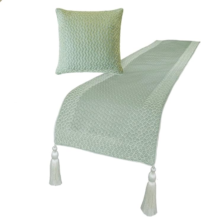 The HomeCentric King/Queen/Twin Blue Decorative King 90"x18" Bed Runner Without Pillow Cover, Mosaic, Bead Embroidery, Handmade, Tassels Bed Scarf on Jacquard Fabric - Tessellation Blue