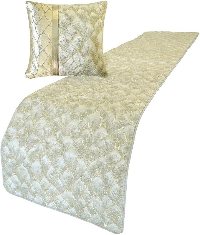 The HomeCentric King/Queen/Twin Ivory & Gold Designer Queen 74"x18" Bed Runner with 2 Pillow Cover, Patchwork, Quilted, Jacquard Foil Bed Scarf on Jacquard Fabric - Spinzar