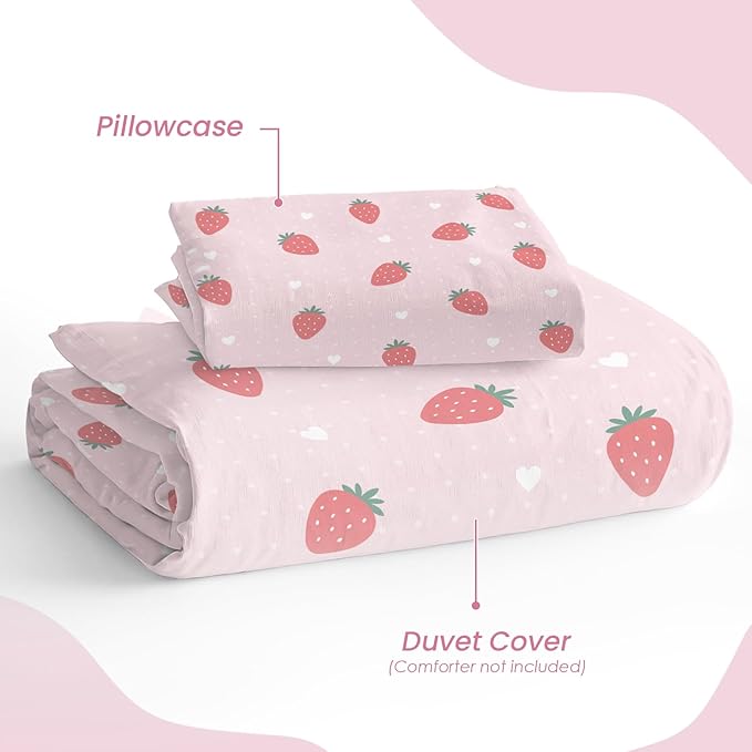 SANDJEST Strawberry Duvet Cover Sets Twin Size for Kids Girls, Include 1 Polyester Comforter Cover 68x86 Inches and 1 Pillowcase 20x26 Inches, Comforter Not Included, Gift for Christmas Birthday