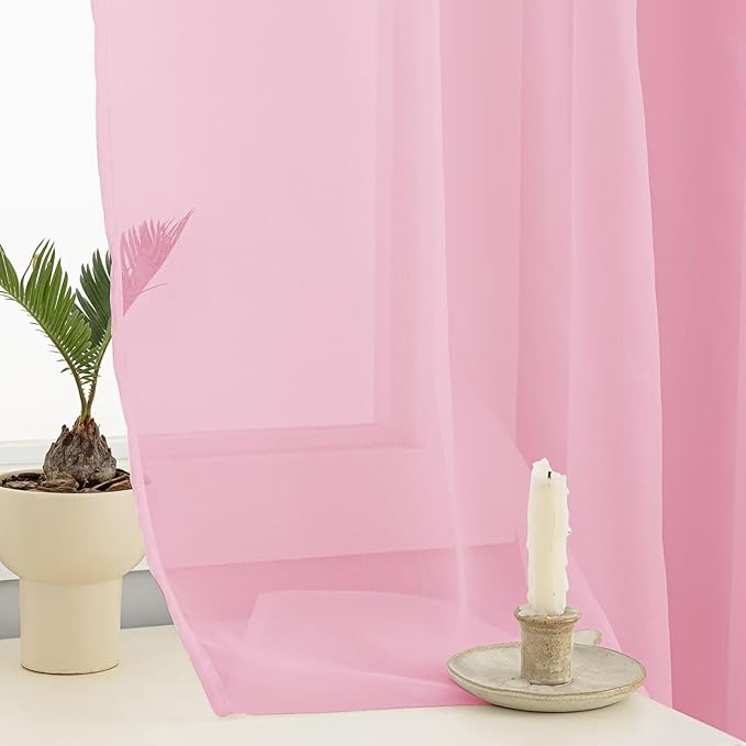 Sheer Curtains 54 Inches Long 2 Panels, Rod Pocket Short Curtain for Kitchen, Bedroom, Cafe Window(Pink 38" W x 54" L)