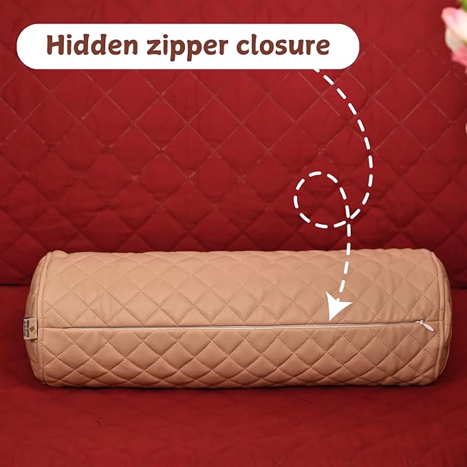 Neck Roll Pillow Cushion Cover, 18x5 Inch Full Moon Round Bolster Pillow Case, Cylinder Soft Lambskin Leather Pillowcase for Head, Spine & Neck Support During Sleep - Quilted Beige Pack of 2