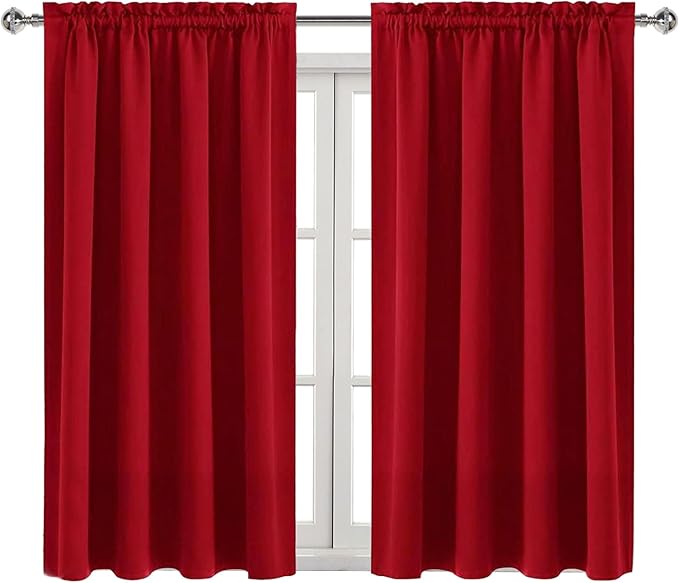 DWCN Christmas Blackout Curtains Room Darkening Thermal Insulated Bedroom Curtains Window Curtain Panels, 52 x 45 inches Long, Set of 2 Red Rod Pocket Drapes