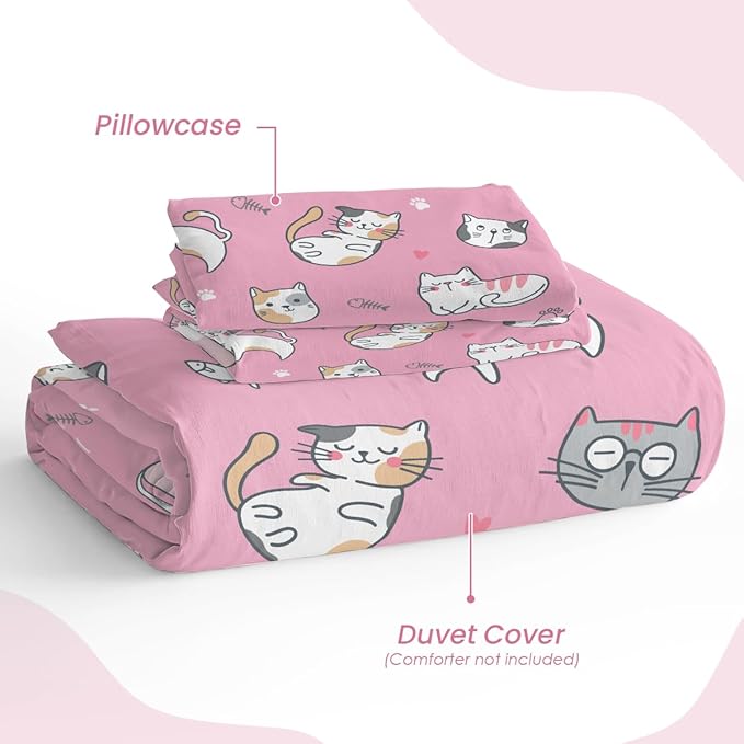 Cat Duvet Cover Sets Full Size for Kids Girls, Incude 1 Polyester Comforter Cover 80x90 Inches and 2 Pillowcases 20x26 Inches, Comforter Not Included, Gift for Christmas Birthday