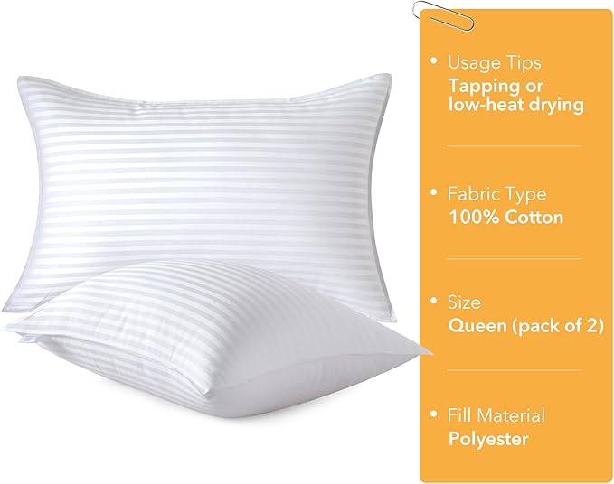 Oubonun Queen Size Pillows Set of 2 - Fluffy & Supportive Down Alternative Pillows with Zippered Cotton Cover - Breathable and Cool for All Sleeping Positions - Machine Washable - 20"x30"