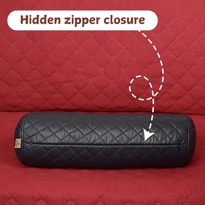 Neck Roll Pillow Cushion Cover, 16x5 Inch Full Moon Round Bolster Pillow Case, Cylinder Soft Lambskin Leather Pillowcase for Head, Spine & Neck Support During Sleep - Quilted Gun Metal Blue Pack of 1