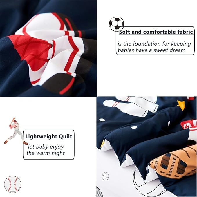 PERFEMET Sports Bedding Set Twin Size 4 Pcs Reversible Ball Sport Theme Comforter Set for Boys Girls Soft Reversible Navy Blue Baseball Football Kids Bed in a Bag(Sport, Twin)