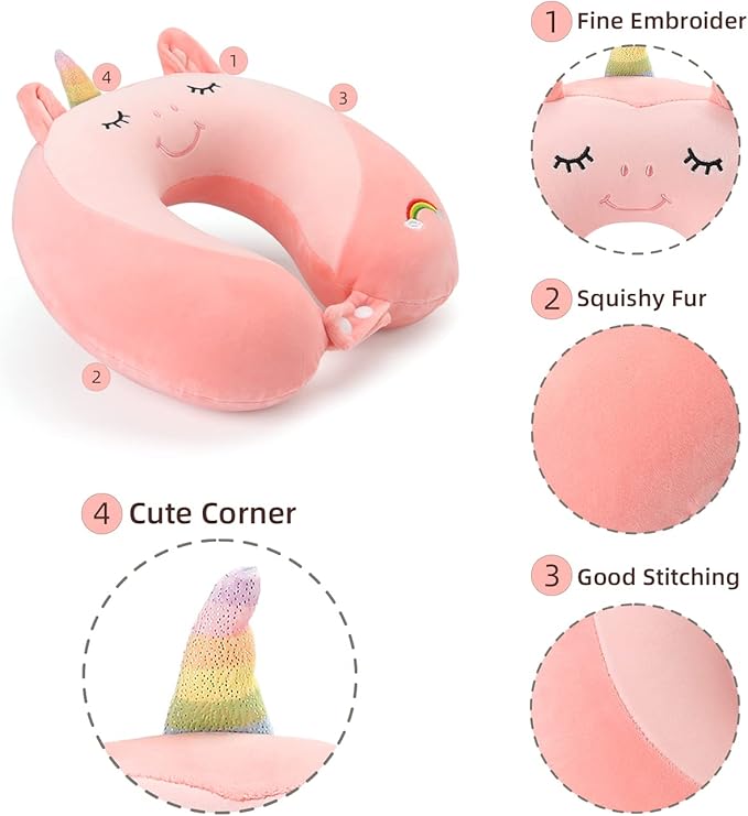 Niuniu Daddy Neck Pillow for Traveling, Pure Memory Foam Travel Neck Support Pillows for Airplane, Car Headrest Sleep - Age 8+ Children Kids Including Adults - Unicorn Travel Pillow