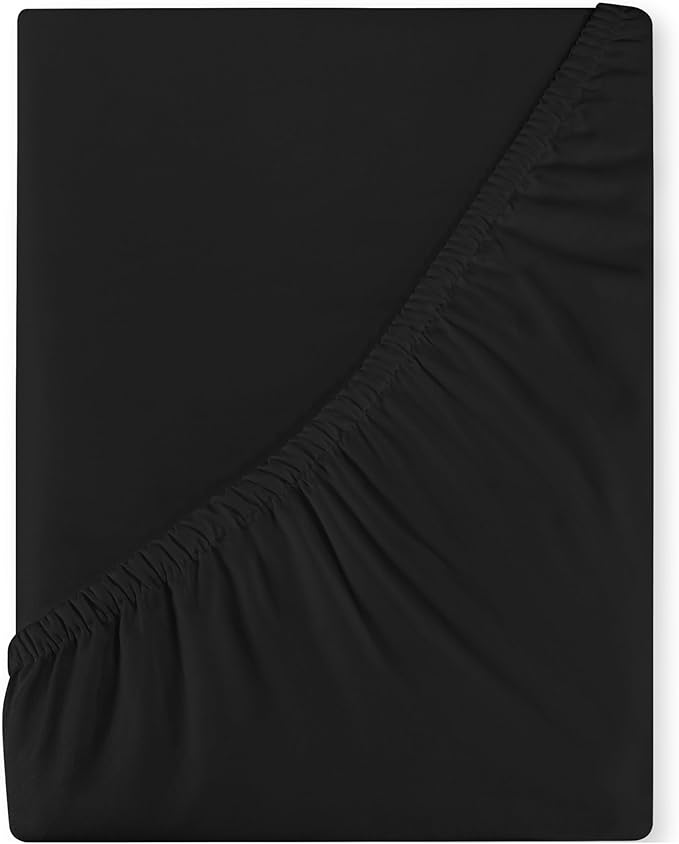 ROYALE LINENS 400 Thread Count 100% American Grown Cotton Fitted Sheet Twin Size - All Around Elastic Fitted Sheet - Luxury Sateen Weave - Snug Fit Bottom Sheet Fit Up to 16 Inch (Twin, Night Black)
