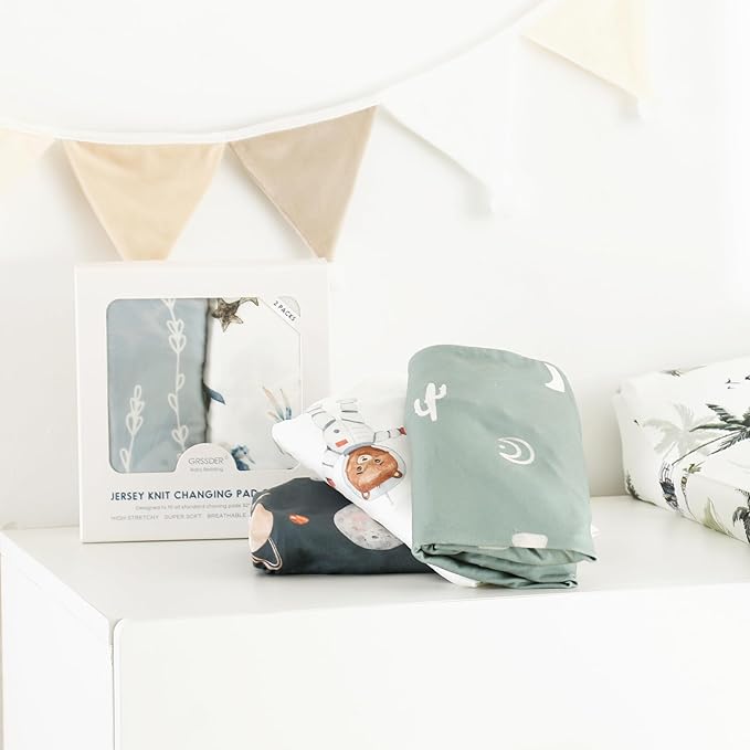 GRSSDER Stretch Ultra Soft Jersey Knit Changing Pad Cover Set 2 Pack, Change Table Pad Covers Fit 32"/34" x 16" Pads Safe and Snug, Space Print for Boys and Girls