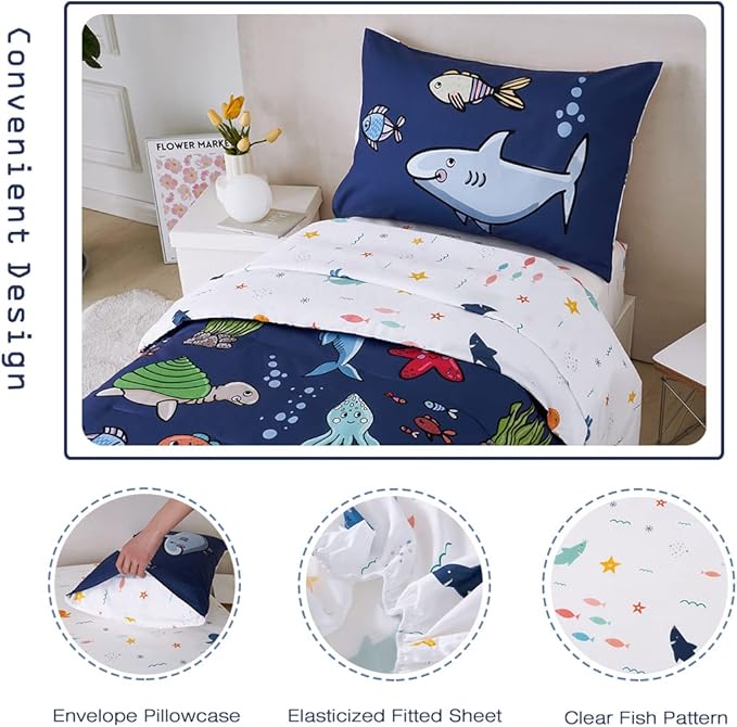 PERFEMET 4 Pieces Toddler Bedding Ocean Animal Printed Toddler Comforter Set Reversible Lightweight Cartoon Bed in A Bag for Toddler Boys Girls(Navy Blue, Sharks/Dolphins/Fish)