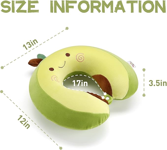 Niuniu Daddy Neck Pillow for Kids Teen Toddlers, Travel Accessories for Airplane, Car, Recline, Neck Chin Head Support, 100% Pure Memory Foam Insert, Cute Plush Travel Pillow Cover Washable - Avocado