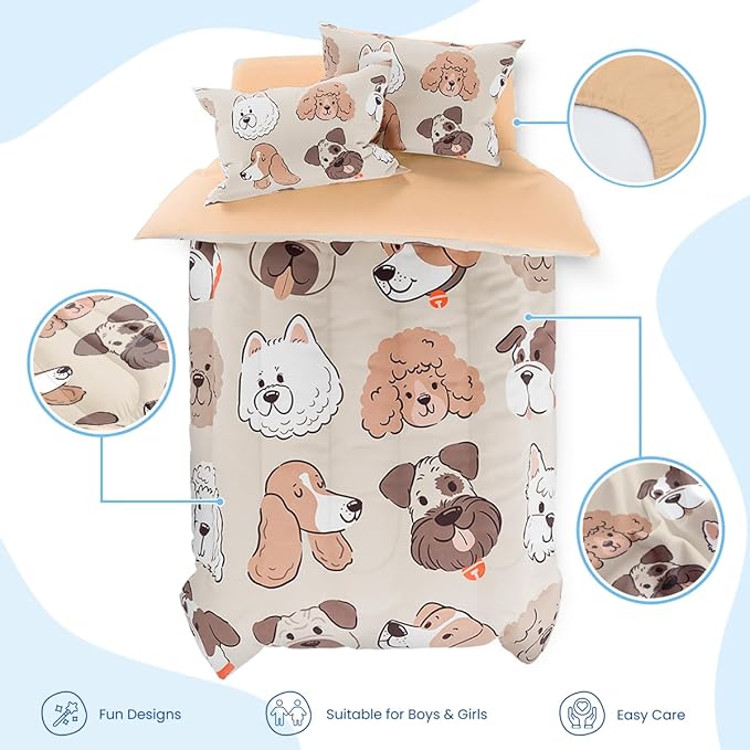 Dog Kids Bedding Set for Girls Boys, Ultra Soft Microfiber Comforter Set Full Size 4-Pieces, Dogs Comforters Bed Sets for Kid Tween Teen Bedroom Decor