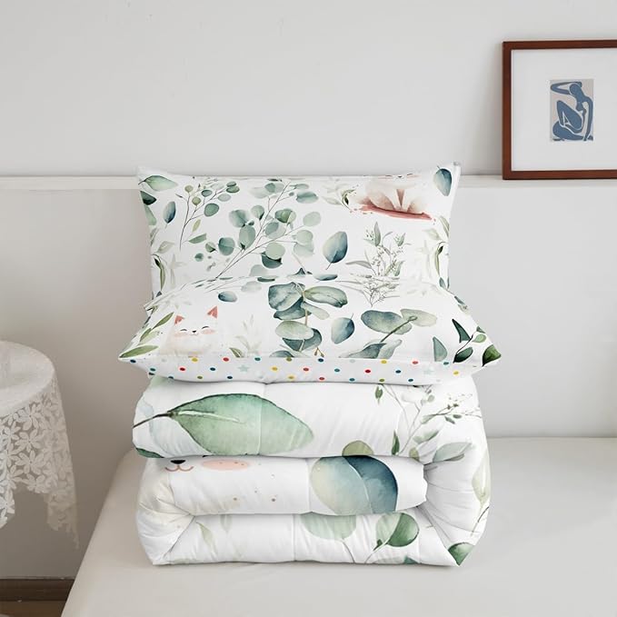 Erosebridal Kawaii Cat Full Bedding Sets for Boys Girls Cartoon Animal Comforter Set, Eucalyptus Leaves Bedding Comforter Sets Pet Kitten Duvet Insert, Tropical Botanical Plants Down Comforter