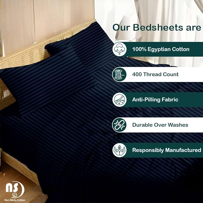 NON Sticky cotton Queen Size Sleeper Sofa Sheets, 4 Piece Egyptian Cotton Bed Sheet Set for Sofa Bed, 8" Deep Pocket for Pull Out Couch Mattress, 60" x 75", Navy Blue Stripe, Soft & Breathable
