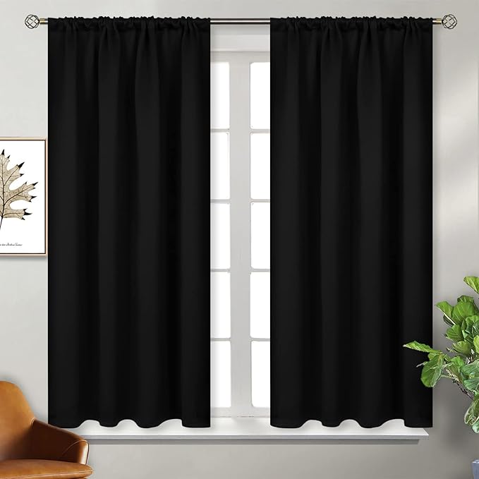 BGment Rod Pocket Blackout Curtains for Bedroom - Thermal Insulated Room Darkening Curtain for Living Room, 52 x 54 Inch, 2 Panels, Black