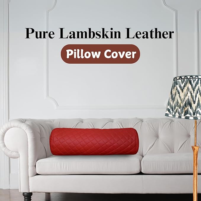 Neck Roll Pillow Cushion Cover, 22x5 Inch Full Moon Round Bolster Pillow Case, Cylinder Soft Lambskin Leather Pillowcase for Head, Spine & Neck Support During Sleep - Quilted Cherry Red Pack of 1