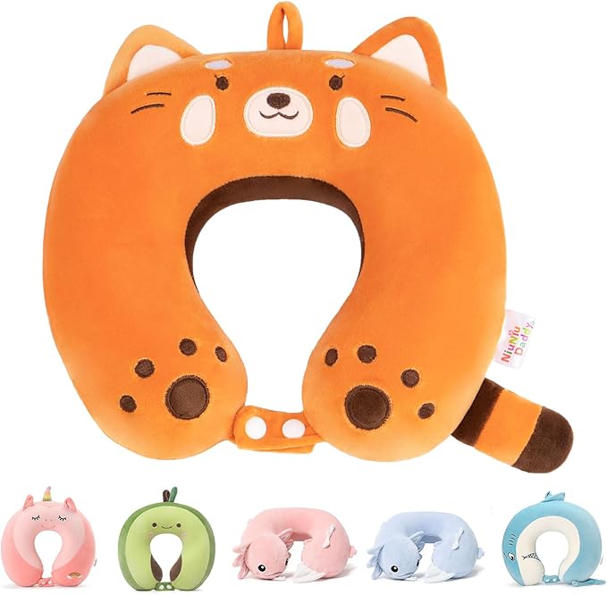 Niuniu Daddy Red Panda Kids Neck Travel Pillow for Traveling, Portable Memory Foam Neck Supportive Cervical Pillow for Long Flights Airplane, Car Headrest Sleeping for 3-8 Y/O Boys Girls Toddler