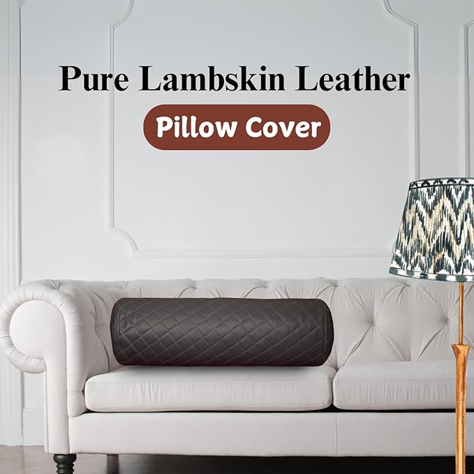 Neck Roll Pillow Cushion Cover, 14x6 Inch Full Moon Round Bolster Pillow Case, Cylinder Soft Lambskin Leather Pillowcase for Head, Spine & Neck Support During Sleep - Quilted Charcoal Grey Pack of 1