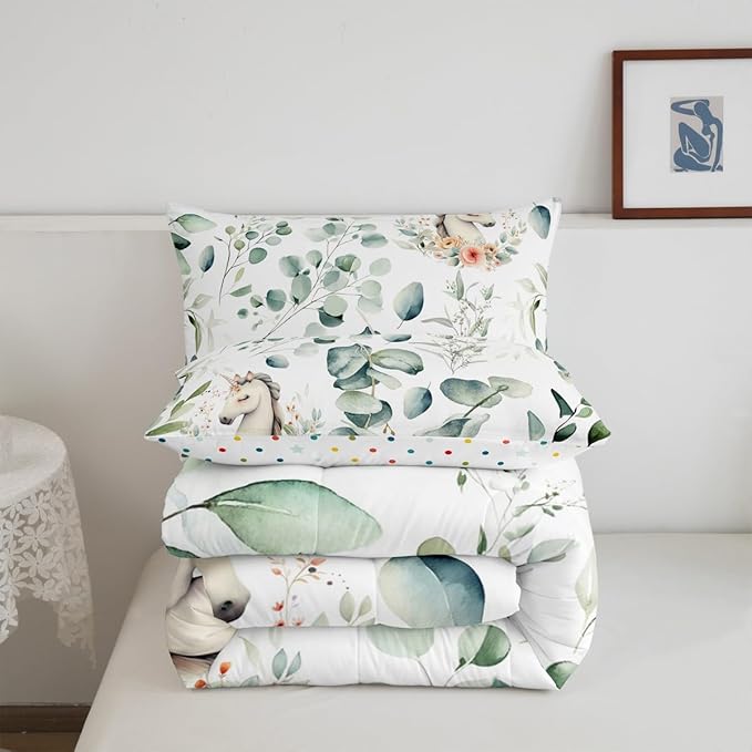 Erosebridal Kids Cute Animal Bedding Full Size for Girls Boys Cartoon Unicorn Comforter Set Full, Spring Eucalyptus Duvet Insert Floral Quilt Comforter, Kawaii Magical Animal Bedding Comforters & Sets