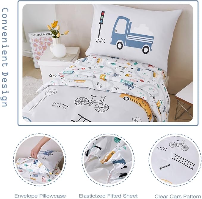 PERFEMET 4 Pcs Toddler Bedding Set - Soft Reversible Cars, Bus, Trucks Print Toddler Bed Set for Boys & Girls - Matching Sheet Set (Light Grey, Taxis/Bus/Trucks)