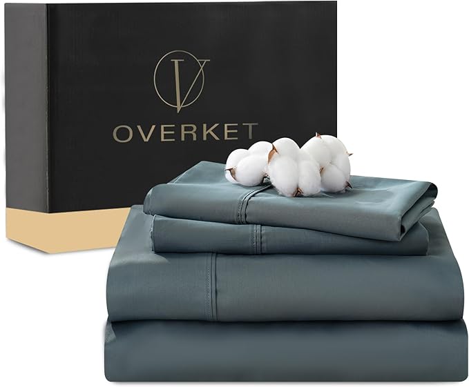 100% Egyptian Cotton Sheets King Size 4PCS 1000 Thread Count Sateen Weave Soft Breathable 16-Inch Deep Pocket （King,Lake Blue）