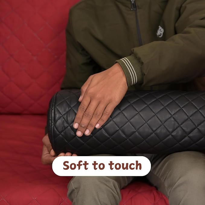 Neck Roll Pillow Cushion Cover, 24x6 Inch Full Moon Round Bolster Pillow Case, Cylinder Soft Lambskin Leather Pillowcase for Head, Spine & Neck Support During Sleep - Quilted Black Pack of 2