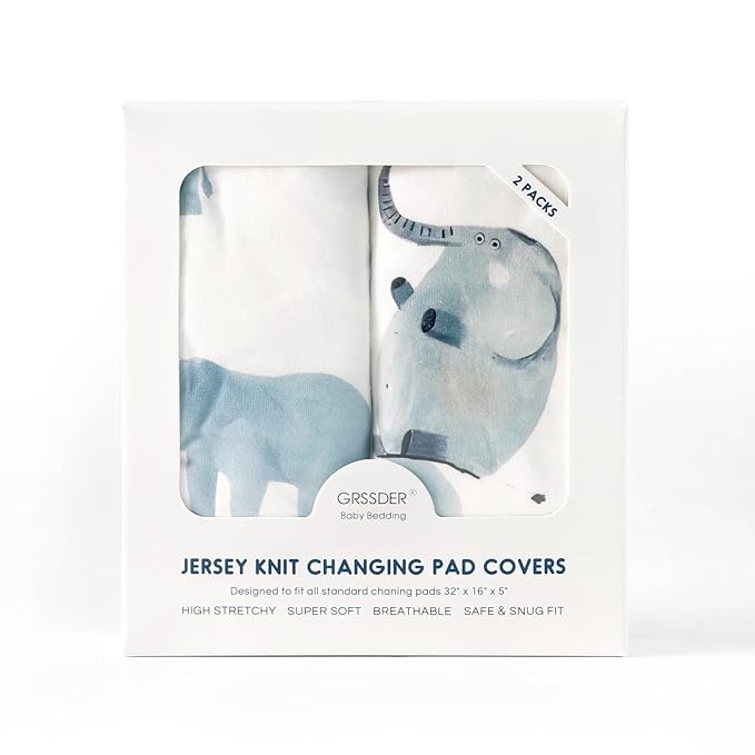 GRSSDER Stretch Ultra Soft Jersey Knit Changing Pad Cover Set 2 Pack, Change Table Pad Covers Fit 32"/34" x 16" Pads Safe and Snug, Cute Diaper Changing Pad Covers of Elephant Print