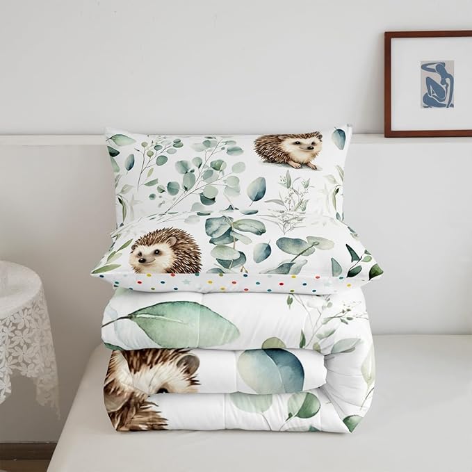 Erosebridal Cute Hedgehog Queen Size Comforter Set for Kids Child Green Eucalyptus Bedding Set, Woodland Animal Down Comforter Botanical Plant Leaves Bed Set, Cartoon Wildlife Quilted Duvet