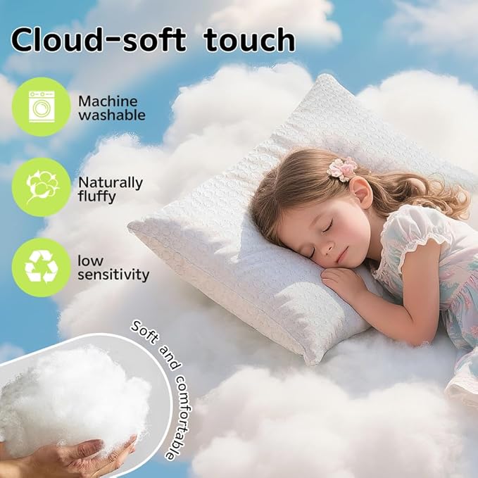 Toddler Pillow for 2-5 Year Olds,Organic Cotton Toddler Crib Pillow with Washable Cover,13x18 Inch White Pillow for Toddler Bed