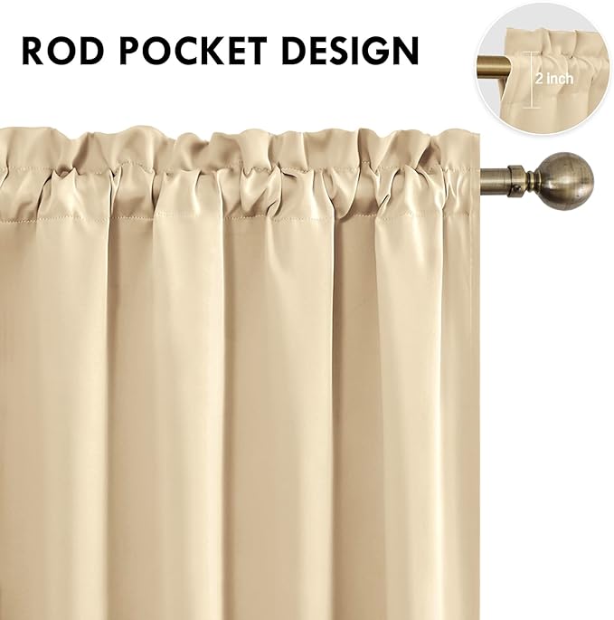 DWCN Beige Blackout Curtains for Bedroom – Rod Pocket Thermal Insulated Energy Saving Drapes for Living Room and Bedroom, W 42 x L 45 Inch, 2 Panels