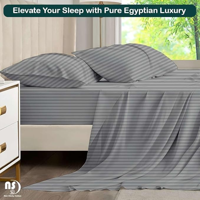 NON Sticky cotton Full Size Sleeper Sofa Sheets, 4 Piece Egyptian Cotton Bed Sheet Set for Sofa Bed, 7" Deep Pocket for Pull Out Couch Mattress, 54" x 75", Light Grey Stripe, Soft & Breathable