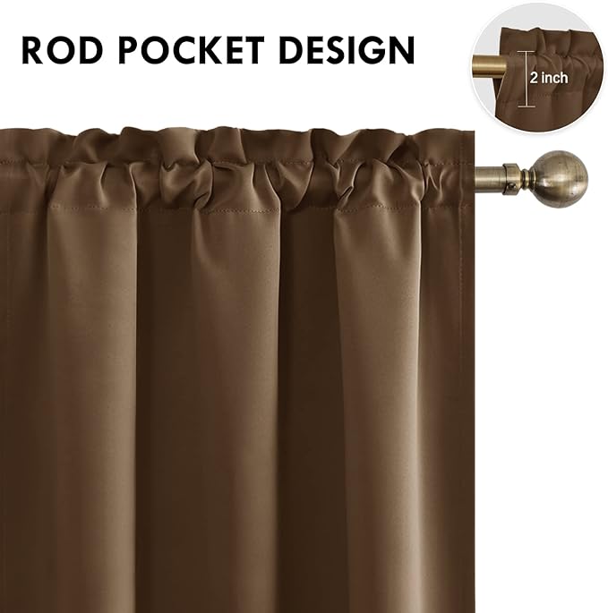 DWCN Blackout Curtains Thermal Insulated Energy Saving Bedroom and Kitchen Curtains Window Treatments, W 38 x L 45 Inch, Set of 2 Brown Rod Pocket Drapes