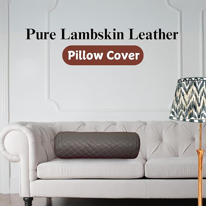 Neck Roll Pillow Cushion Cover, 22x5 Inch Full Moon Round Bolster Pillow Case, Cylinder Soft Lambskin Leather Pillowcase for Head, Spine & Neck Support During Sleep - Quilted Grey Pack of 1