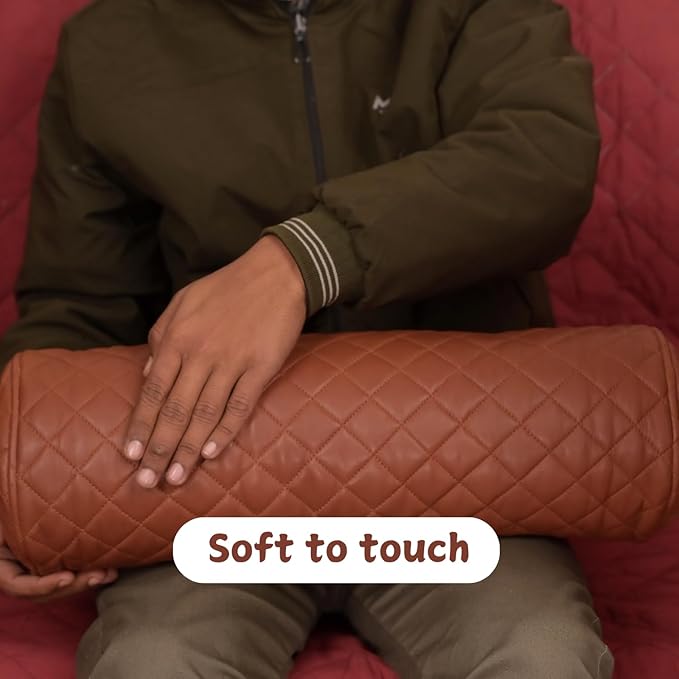 Neck Roll Pillow Cushion Cover, 22x7 Inch Full Moon Round Bolster Pillow Case, Cylinder Soft Lambskin Leather Pillowcase for Head, Spine & Neck Support During Sleep - Quilted Brown Pack of 2