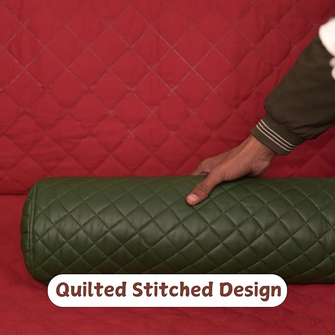 Neck Roll Pillow Cushion Cover, 16x7 Inch Full Moon Round Bolster Pillow Case, Cylinder Soft Lambskin Leather Pillowcase for Head, Spine & Neck Support During Sleep - Quilted Dark Green Pack of 2