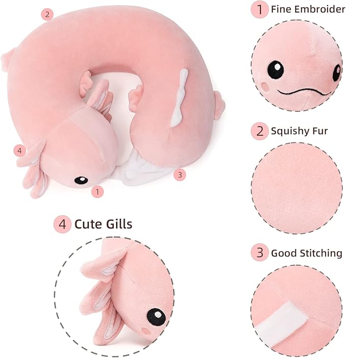 Niuniu Daddy Axolotl Kids Travel Pillow Road Trip Essentials for 9-12 Years Old - Soft Memory Foam Kids Neck Pillow for Airplane Travel Sleeping Essentials- Luminous Cervical Neck Pillow for Adults