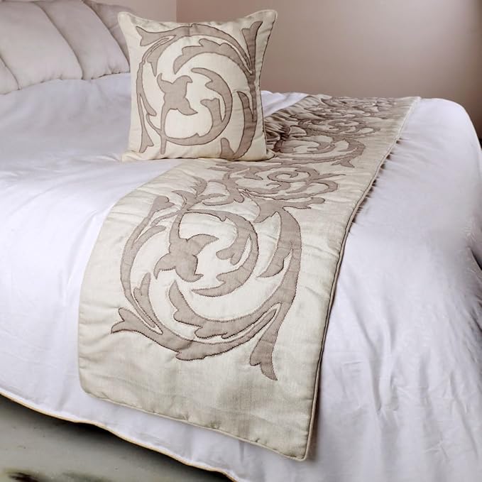 The HomeCentric Decorative Ivory & Beige CA King 86 x 18 inch Bed Runner with 2 Pillow Cover, Linen Lurex Applique Bed Scarf, Abstract Modern - Pretty Dainty