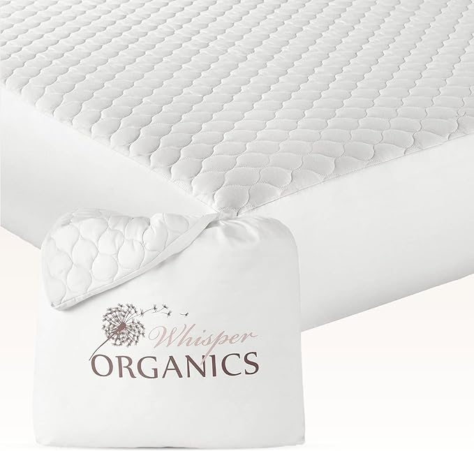 100% Cotton Organic Mattress Pad - Breathable & Cooling Mattress Protector Full Size - Premium 300GSM Quilted and Noiseless Machine Washable Organic Mattress Protector (White, Full)