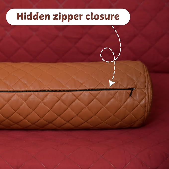 Neck Roll Pillow Cushion Cover, 22x5 Inch Full Moon Round Bolster Pillow Case, Cylinder Soft Lambskin Leather Pillowcase for Head, Spine & Neck Support During Sleep - Quilted Tan Pack of 1