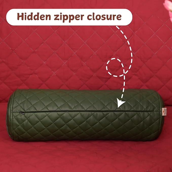 Neck Roll Pillow Cushion Cover, 22x7 Inch Full Moon Round Bolster Pillow Case, Cylinder Soft Lambskin Leather Pillowcase for Head, Spine & Neck Support During Sleep - Quilted Dark Green Pack of 1