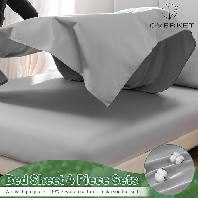 100% Egyptian Cotton Sheets King Size 4PCS 1000 Thread Count Sateen Weave Soft Breathable 16-Inch Deep Pocket （King,Grey）