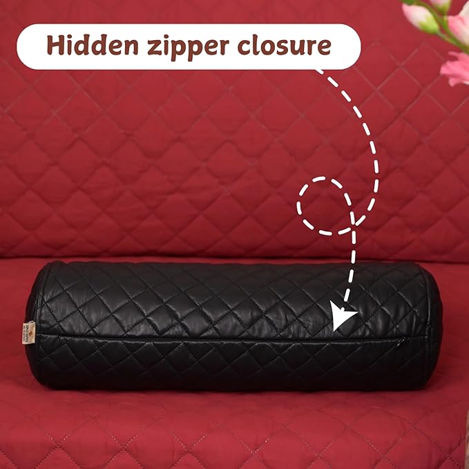 Neck Roll Pillow Cushion Cover, 20x6 Inch Full Moon Round Bolster Pillow Case, Cylinder Soft Lambskin Leather Pillowcase for Head, Spine & Neck Support During Sleep - Quilted Black Pack of 2