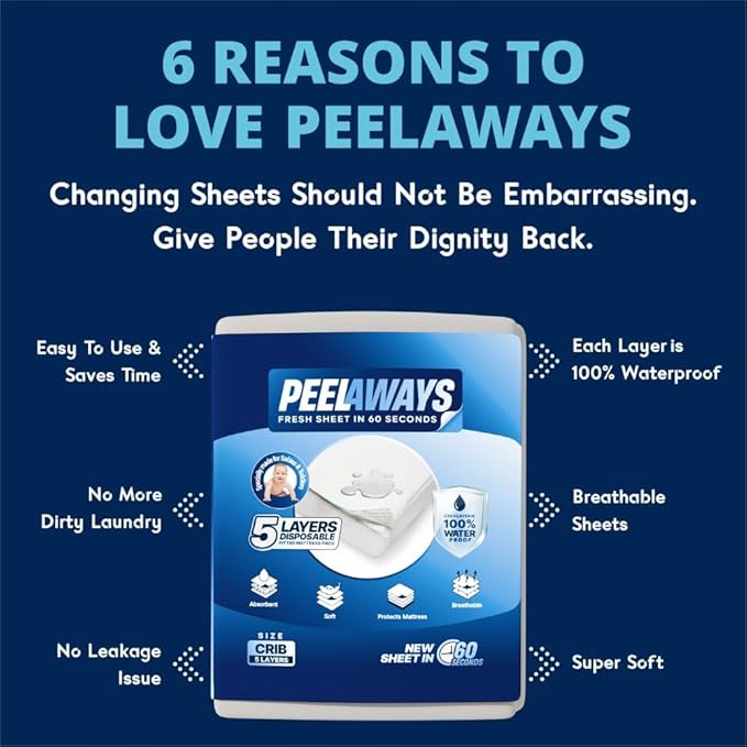 PEELAWAYS Crib-A-Peel Disposable Waterproof Crib Sheets - Super Absorbent Bedwetting Pads for Infants, Potty-Training, Spills, and More - 5 Layer 28" x 52" x 6"
