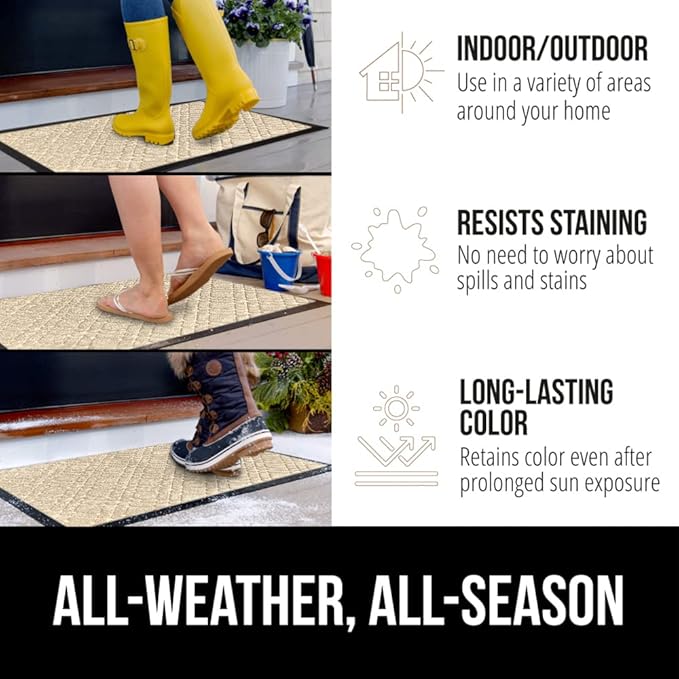 GORILLA GRIP 100% Waterproof All-Season WeatherMax Doormat, 47x35, US Designed Natural Rubber, Stain and Fade Resistant, Low Profile Indoor Outdoor Door Mats, Easy Clean Patio Mat, Modern Latte