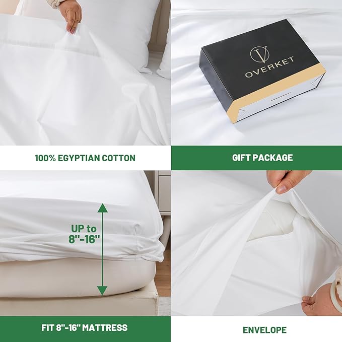 100% Egyptian Cotton Sheets King Size 4PCS 1000 Thread Count Sateen Weave Soft Breathable 16-Inch Deep Pocket （King,White）