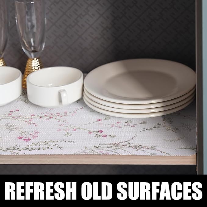 Floral Drawer and Shelf Liner for Cabinets, Non-Adhesive and Strong Non-Slip Flower Shelf Cabinet Drawer Liners for Kitchen,Table,Bookshelves,Waterproof Cupboard Liners,12IN x 10FT