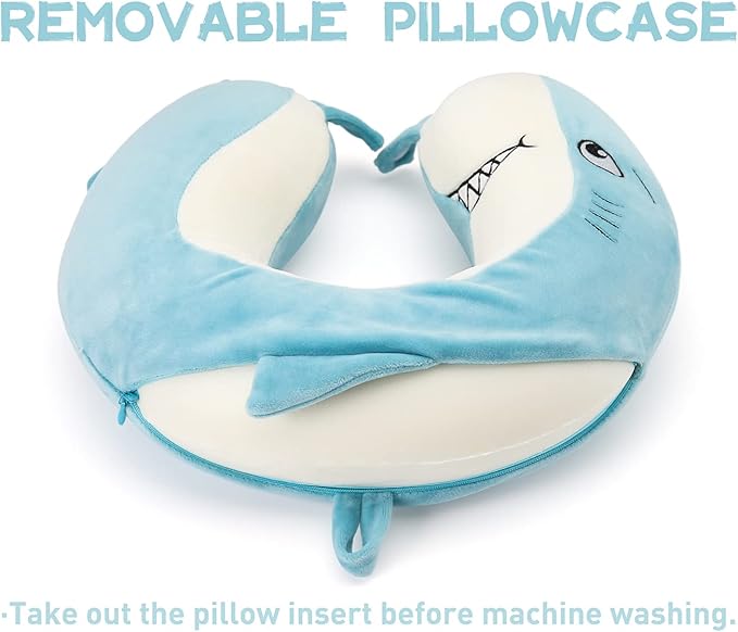 Niuniu Daddy Kids Travel Pillow for Airplane Road Trip Car Seat, Neck Chin Supporting, Stop Head from Falling Forward, Memory Foam with Cute Shark Animal Cover, Gift for Boy Girl - Shark Travel Pillow