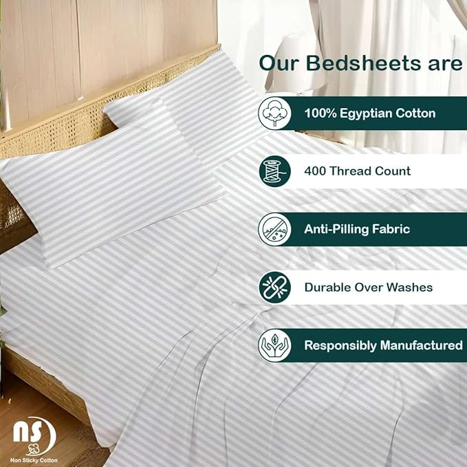 NON Sticky cotton Twin Size Sleeper Sofa Sheets, 4 Piece Egyptian Cotton Bed Sheet Set for Sofa Bed, 7" Deep Pocket for Pull Out Couch Mattress, 39" x 75", White Stripe, Soft & Breathable
