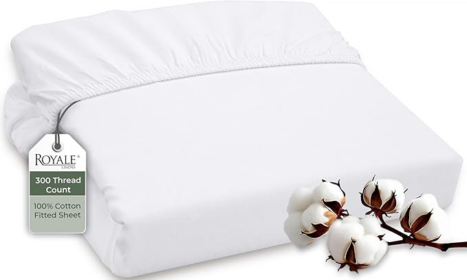 ROYALE LINENS 300 Thread Count 100% Long Staple Combed Cotton Fitted Sheet California King - Super Soft Deep Pocket Bottom Sheet - Fitted Sheets Only - Elastic Sheets (Cal King, White)